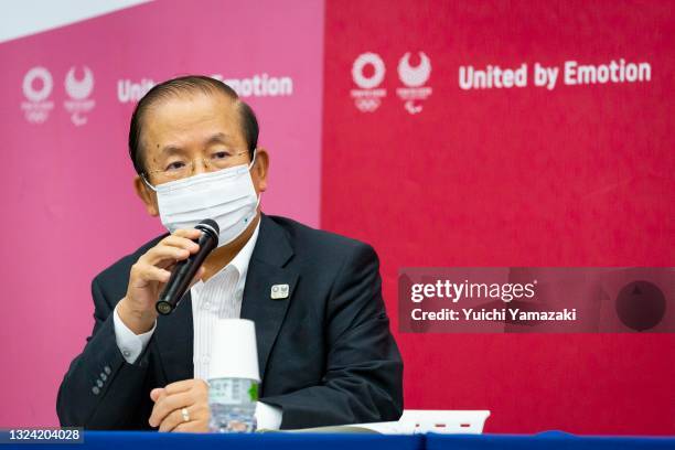 Tokyo 2020 CEO Toshiro Muto speaks during the news conference after receiving a proposal from a group of infectious disease experts on June 18, 2021...