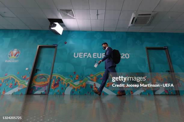 Michal Duris of Slovakia arrives at the stadium prior to the UEFA Euro 2020 Championship Group E match between Sweden and Slovakia at Saint...