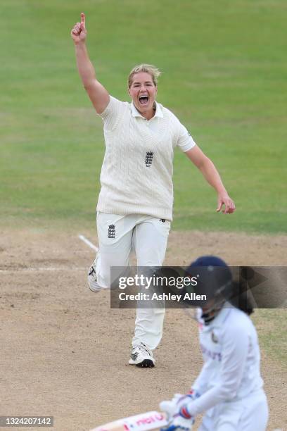 Katherine Brunt of England celebrates getting the wicket of India's Smriti Mandhana on Day Three of the LV= Insurance Test Match between England...