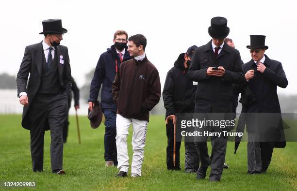 Trainer Joseph O'Brien, Jockey Oisin Murphy, Trainer Donnacha O'Brien and Trainer Aidan O'Brien look on on Day Four of the Royal Ascot Meeting at...
