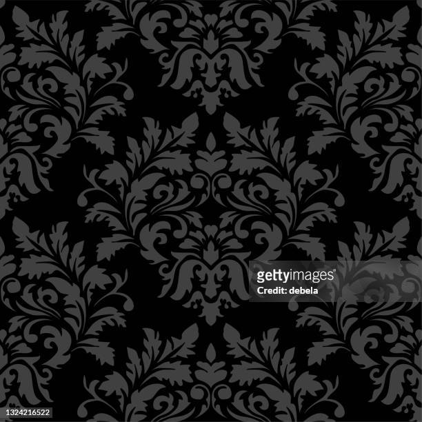 ilustraciones, imágenes clip art, dibujos animados e iconos de stock de negro damasco de lujo patrón textil decorativo - tejido adamascado