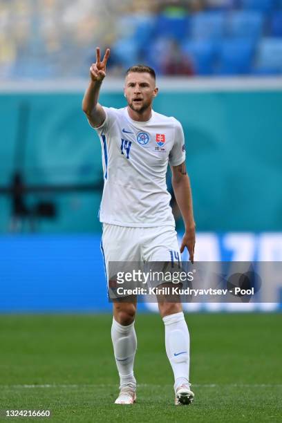 Milan Skriniar of Slovakia reacts during the UEFA Euro 2020 Championship Group E match between Sweden and Slovakia at Saint Petersburg Stadium on...