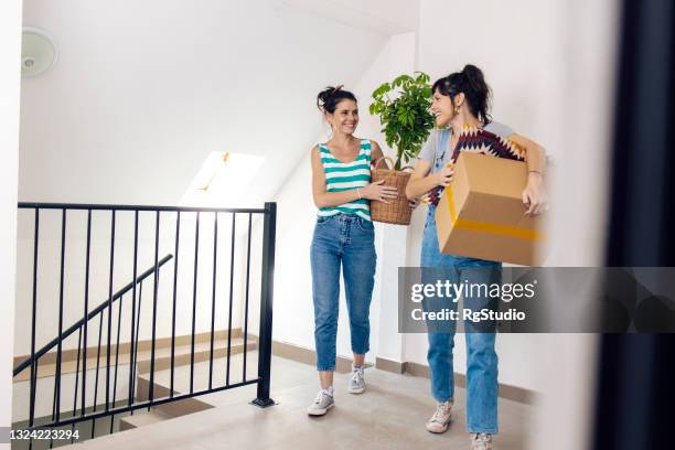 Surs Jumelles Transportant Leurs Affaires Dans Un Nouvel Appartement, Photo