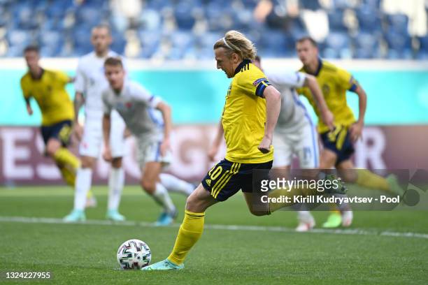 Emil Forsberg of Sweden scores their side's first goal from the penalty spot during the UEFA Euro 2020 Championship Group E match between Sweden and...