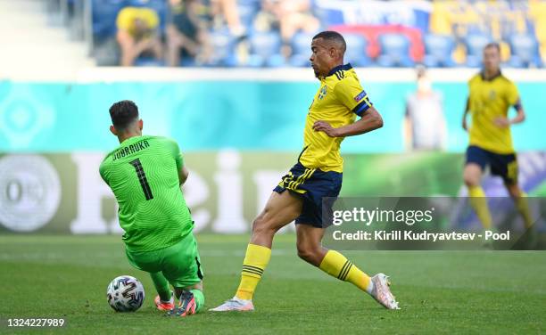 Robin Quaison of Sweden is fouled by Martin Dubravka of Slovakia leading to a penalty being awarded during the UEFA Euro 2020 Championship Group E...