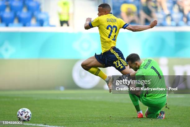 Robin Quaison of Sweden is fouled by Martin Dubravka of Slovakia leading to a penalty being awarded during the UEFA Euro 2020 Championship Group E...