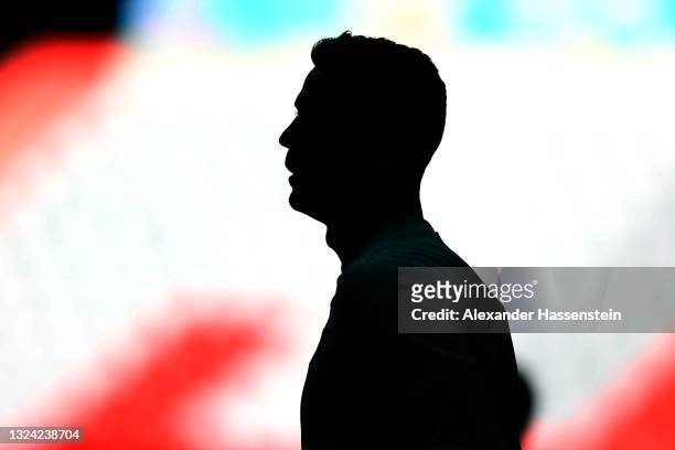 Cristiano Ronaldo of Portugal looks on during the Portugal Training Session ahead of the UEFA Euro 2020 Group F match between Portugal and Germany at...