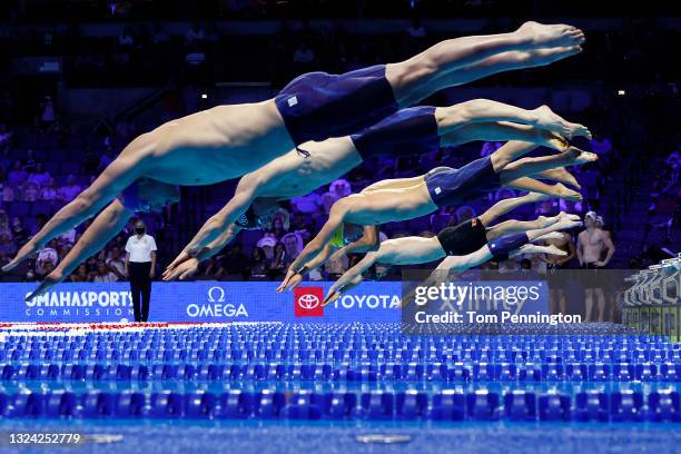 Drew Loy of the United States competes in a preliminary heat for the Men’s 100m butterfly during Day Six of the 2021 U.S. Olympic Team Swimming...