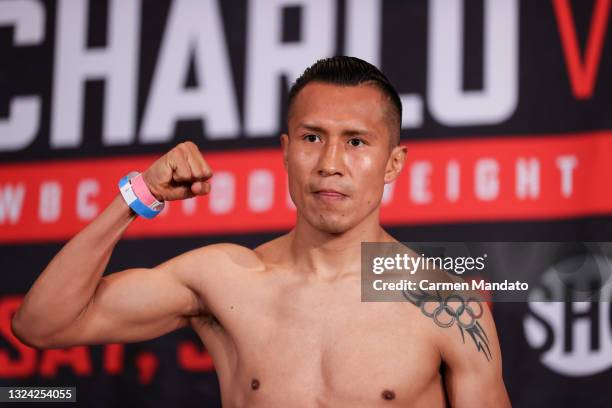 Francisco Vargas flexes during his weigh in ahead of his Lightweight fight against Isaac Cruz at Toyota Center on June 18, 2021 in Houston, Texas.