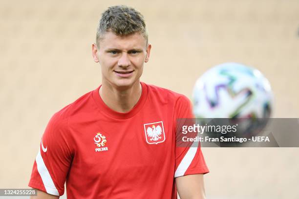 Pawel Dawidowicz of Poland looks on during the Poland Training Session ahead of the UEFA Euro 2020 Group E match between Spain and Poland at Estadio...