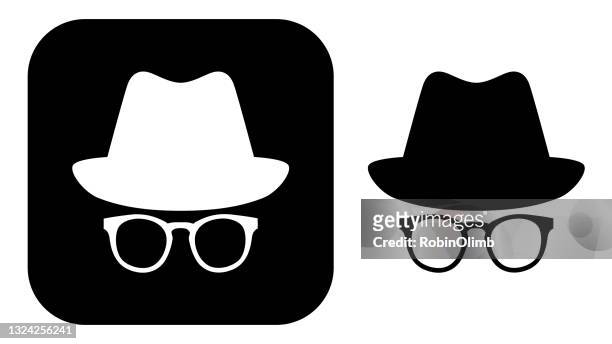illustrazioni stock, clip art, cartoni animati e icone di tendenza di icone del viso in incognito in bianco e nero - cappello di feltro