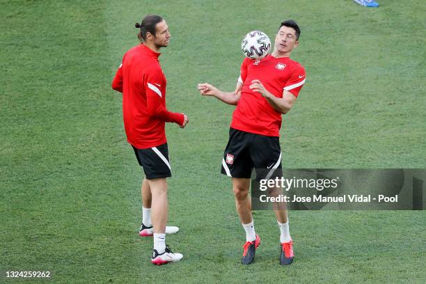 Robert Lewandowski of Poland controls the ball during the Poland Training Session ahead of the UEFA Euro 2020 Group E match between Spain and Poland...
