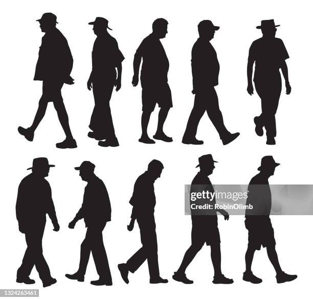 senior men walking silhouettes - people in a row stock illustrations