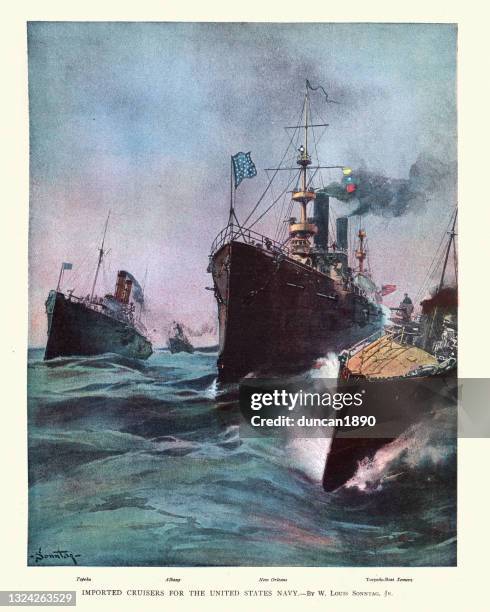 fleet of united states navy warships, cruisers and torpedo boat, 19th century - destroyer stock illustrations