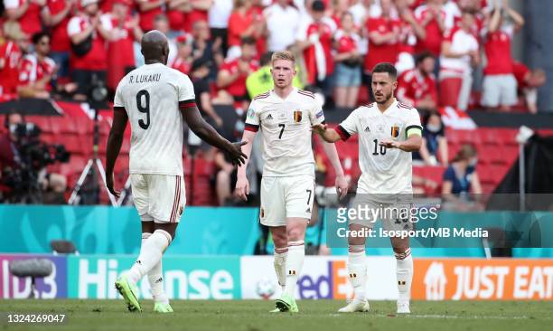 Eden Hazard of Belgium celebrates with Kevin De Bruyne of Belgium and Romelu Lukaku of Belgium after winning the UEFA Euro 2020 Championship Group B...