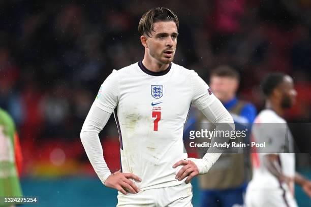 Jack Grealish of England looks dejected following the UEFA Euro 2020 Championship Group D match between England and Scotland at Wembley Stadium on...