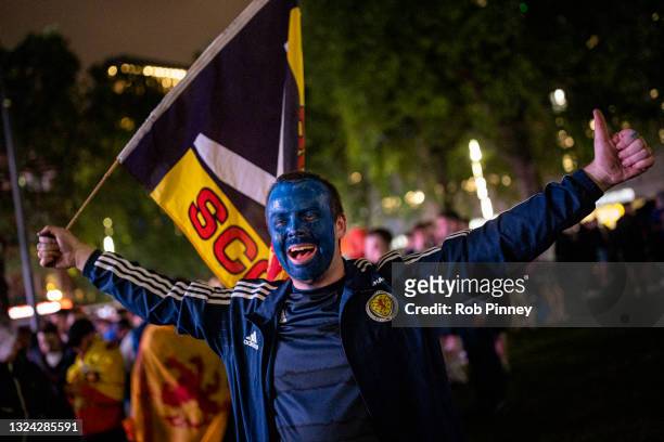 Scotland fan celebrates in Leicester Square after the England v Scotland game ended in a 0-0 draw on June 18, 2021 in London, England. England v...