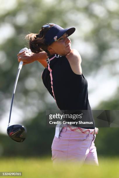 Klara Spilkova of the Czech Republic watches her drive on the third hole during round two of the Meijer LPGA Classic for Simply Give at Blythefield...
