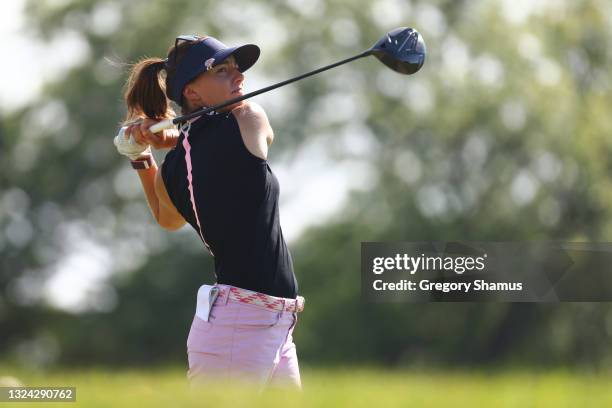 Klara Spilkova of the Czech Republic watches her drive on the third hole during round two of the Meijer LPGA Classic for Simply Give at Blythefield...