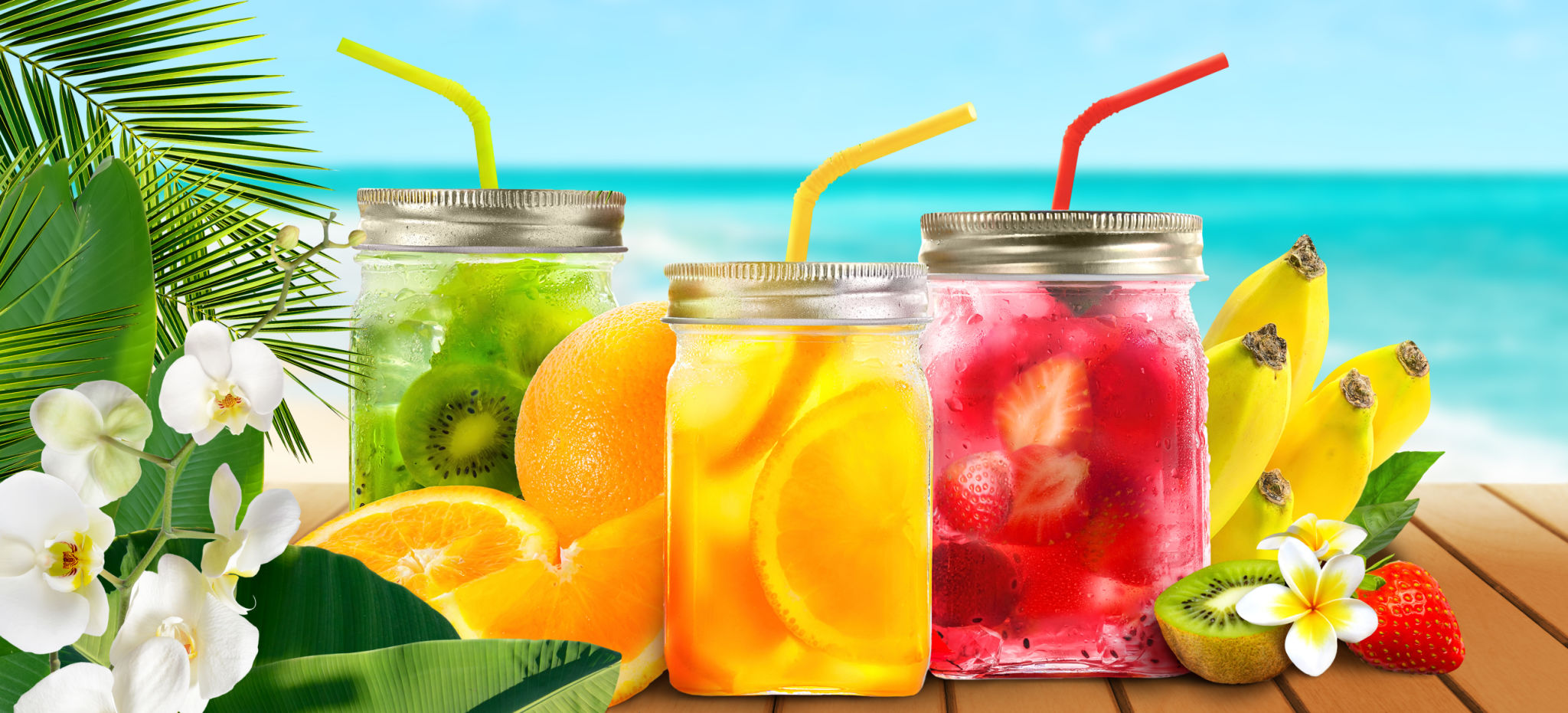 Summer collage of cold drinks and popsicle sticks fruits Summer collage of cold drinks and popsicle sticks fruits