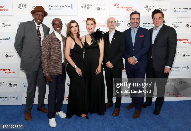 Bill Duke, Don Cheadle, Julia Fox, Amy Seimetz, Steven Soderbergh, Jon Hamm and Benicio Del Toro attend the "No Sudden Move" premiere during the 2021...