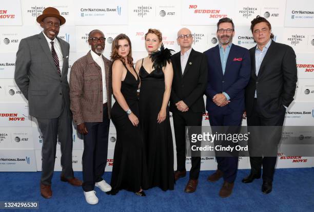 Bill Duke, Don Cheadle, Julia Fox, Amy Seimetz, Steven Soderbergh, Jon Hamm and Benicio Del Toro attend the "No Sudden Move" premiere during the 2021...