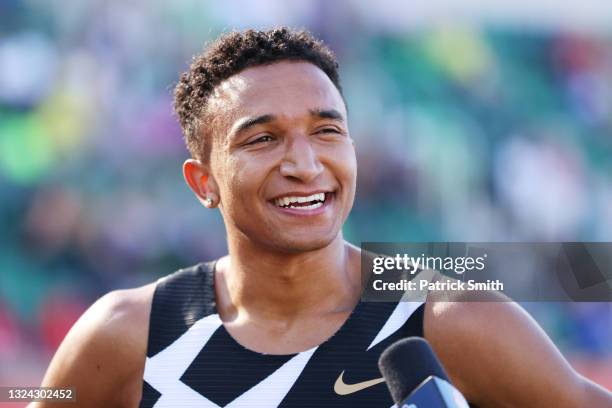 Donavan Brazier looks on in the first round of the Men's 800 Meters during day one of the 2020 U.S. Olympic Track & Field Team Trials at Hayward...