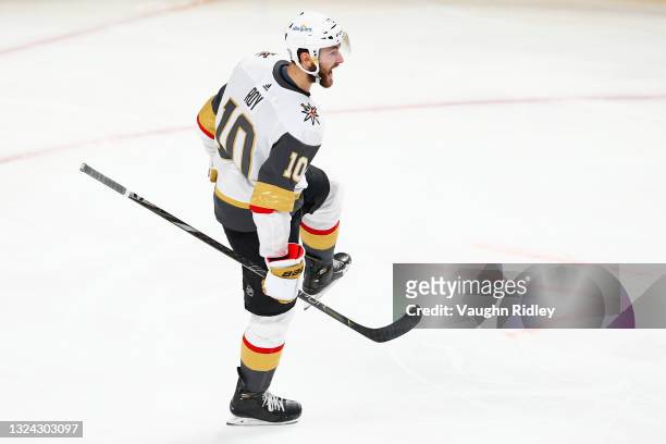 Nicolas Roy of the Vegas Golden Knights celebrates after scoring a goal against the Montreal Canadiens during the second period in Game Three of the...