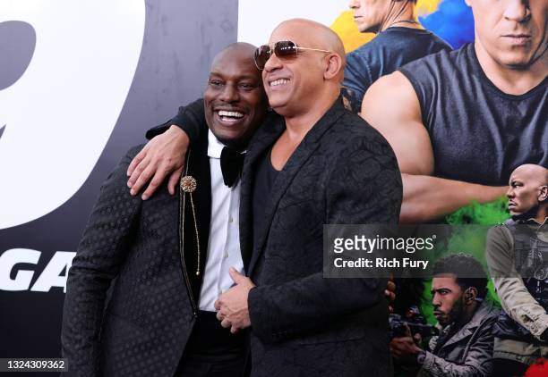 Tyrese Gibson and Vin Diesel attend the Universal Pictures "F9" World Premiere at TCL Chinese Theatre on June 18, 2021 in Hollywood, California.