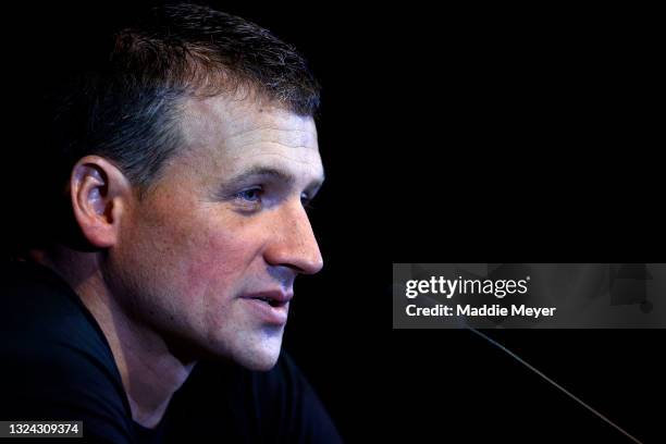 Ryan Lochte speaks during a press conference during Day Six of the 2021 U.S. Olympic Team Swimming Trials at CHI Health Center on June 18, 2021 in...