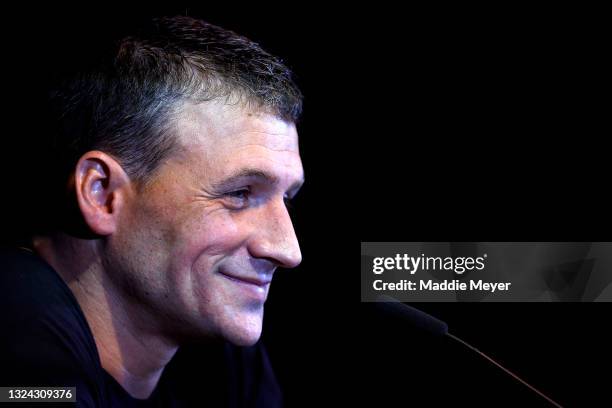 Ryan Lochte speaks during a press conference during Day Six of the 2021 U.S. Olympic Team Swimming Trials at CHI Health Center on June 18, 2021 in...