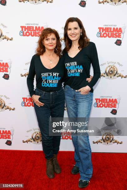 Susan Sarandon and Geena Davis attend "Thelma And Louise" 30th Anniversary drive-in charity screening experience hosted by MGM and Cinespia at The...