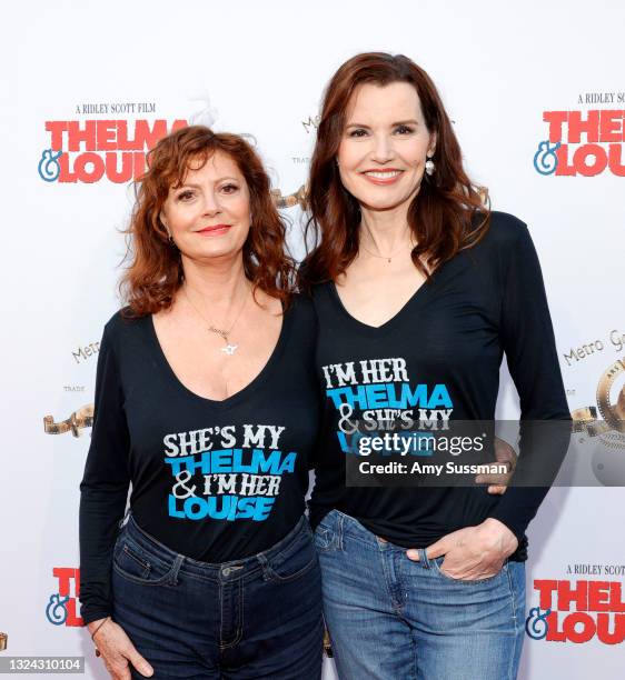 Susan Sarandon and Geena Davis attend "Thelma And Louise" 30th Anniversary drive-in charity screening experience hosted by MGM and Cinespia at The...