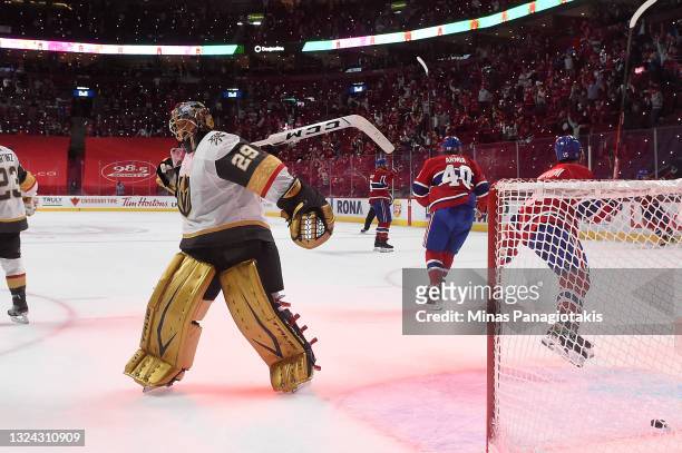 Marc-Andre Fleury of the Vegas Golden Knights reacts after allowing a goal to Josh Anderson of the Montreal Canadiens during the third period in Game...
