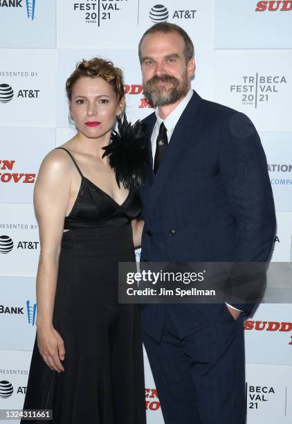 Actors Amy Seimetz and David Harbour attend the "No Sudden Move" premiere during the 2021 Tribeca Festival at The Battery on June 18, 2021 in New...