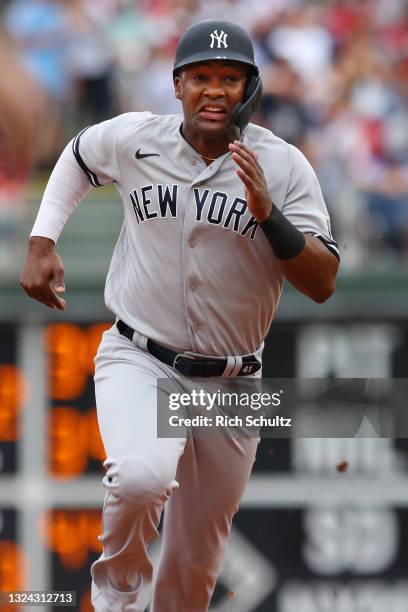 Miguel Andújar of the New York Yankees in action against the Philadelphia Phillies during a game at Citizens Bank Park on June 12, 2021 in...