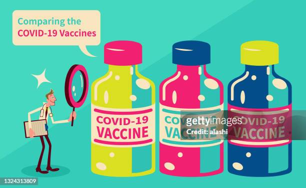 ilustraciones, imágenes clip art, dibujos animados e iconos de stock de un médico revisa y compara diferentes vacunas contra el covid-19 con una lupa - microbiologist