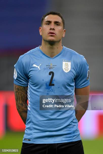 Jose Gimenez of Uruguay looks on prior to a group A match between Argentina and Chile as part of Conmebol Copa America Brazil 2021 at Mane Garrincha...