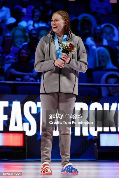 Lilly King of the United States reacts during the Women’s 200m breaststroke medal ceremony during Day Six of the 2021 U.S. Olympic Team Swimming...