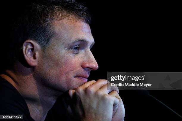 Ryan Lochte speaks during a press conference during Day Six of the 2021 U.S. Olympic Team Swimming Trials at CHI Health Center on June 18, 2021 in...