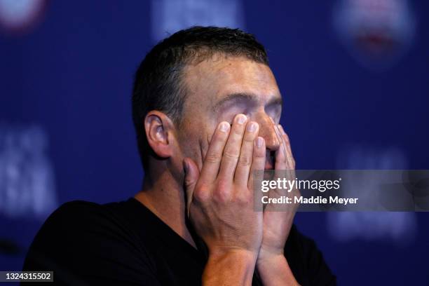 Ryan Lochte speaks during a press conference during Day Six of the 2021 U.S. Olympic Team Swimming Trials at CHI Health Center on June 18, 2021 in...
