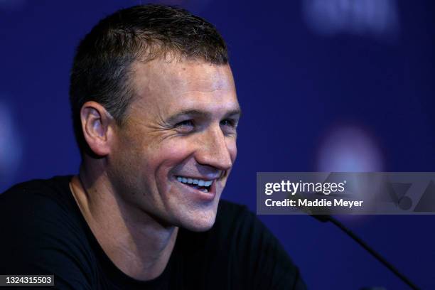 Ryan Lochte speaks during a press conference during Day Six of the 2021 U.S. Olympic Team Swimming Trials at CHI Health Center on June 18, 2021 in...