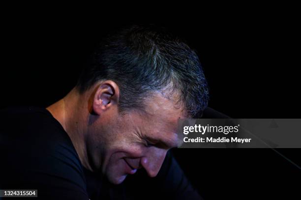 Ryan Lochte speaks during a press conference during Day Six of the 2021 U.S. Olympic Team Swimming Trials at CHI Health Center on June 18, 2021 in...