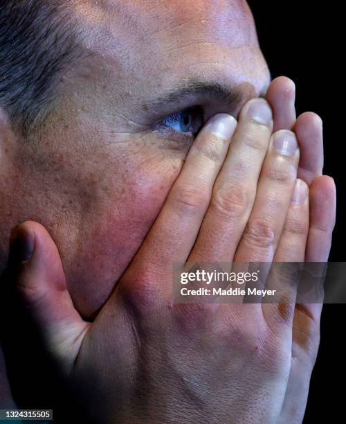 Ryan Lochte speaks during a press conference during Day Six of the 2021 U.S. Olympic Team Swimming Trials at CHI Health Center on June 18, 2021 in...