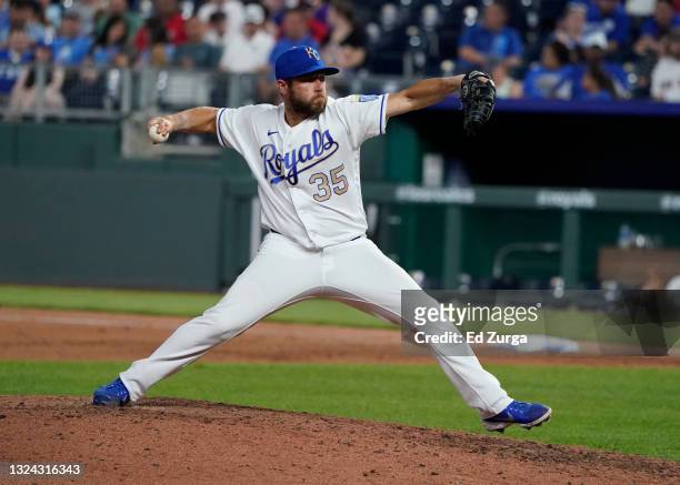 Greg Holland of the Kansas City Royals pitches in the ninth inning against the Boston Red Sox at Kauffman Stadium on June 18, 2021 in Kansas City,...