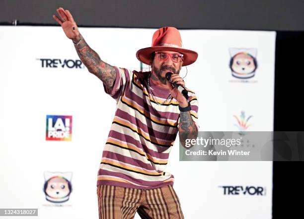 McLean of Backstreet Boys speaks onstage at "Bingo Under The Stars" in celebration of Pride, hosted by members of NSYNC and Backstreet Boys at The...
