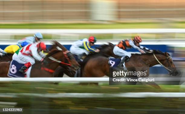 Damien Thornton riding The Astrologist winning Race 9, the Jack Styring Oam Sprint, during Melbourne Racing at Flemington Racecourse on June 19, 2021...