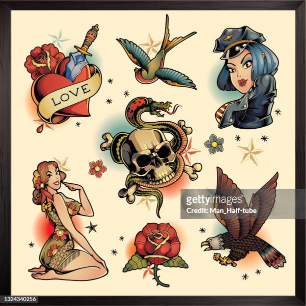 old school tattoos set - pin up girl stock-grafiken, -clipart, -cartoons und -symbole