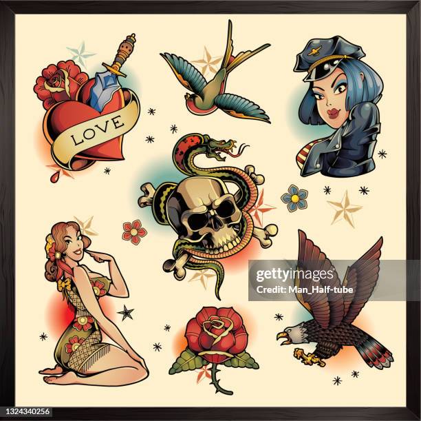 illustrations, cliparts, dessins animés et icônes de ensemble de tatouages old school - marin tatoué