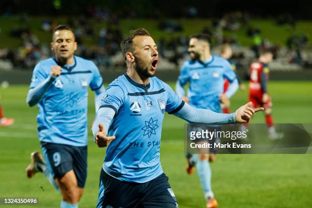 Adam Le Fondre of Sydney FC celebrates a goal from the penalty spot during the A-League Semi-Final match between Sydney FC and Adelaide United at...